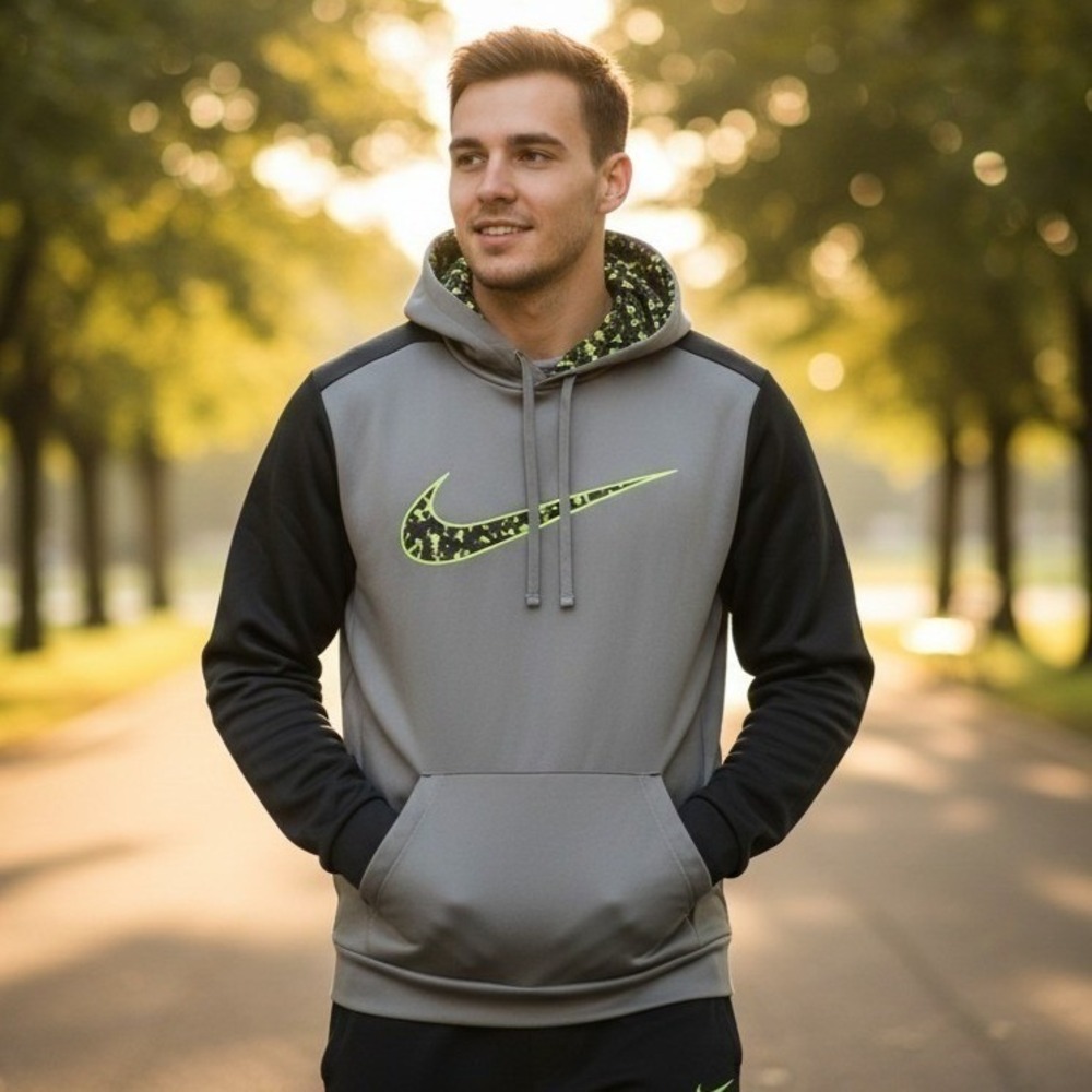 Nike Therma-Fit Mens Hoodie L Gray Black Camo Swoosh‎ Pullover Sweatshirt Active